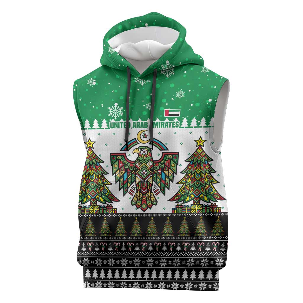 United Arab Emirates Christmas Sleeveless Hoodie with Falcon Tree Design Snowflake Pattern and National Emblem - Wonder Print Shop