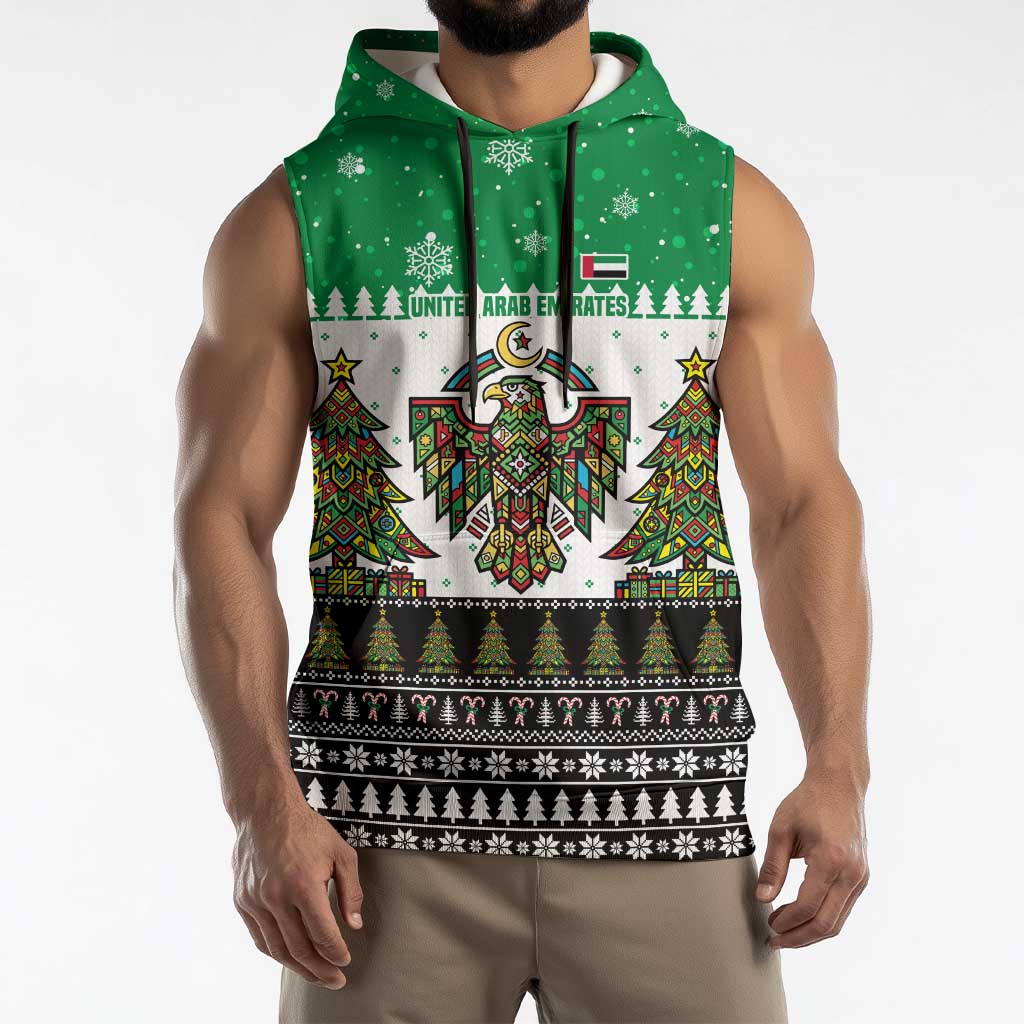 United Arab Emirates Christmas Sleeveless Hoodie with Falcon Tree Design Snowflake Pattern and National Emblem - Wonder Print Shop