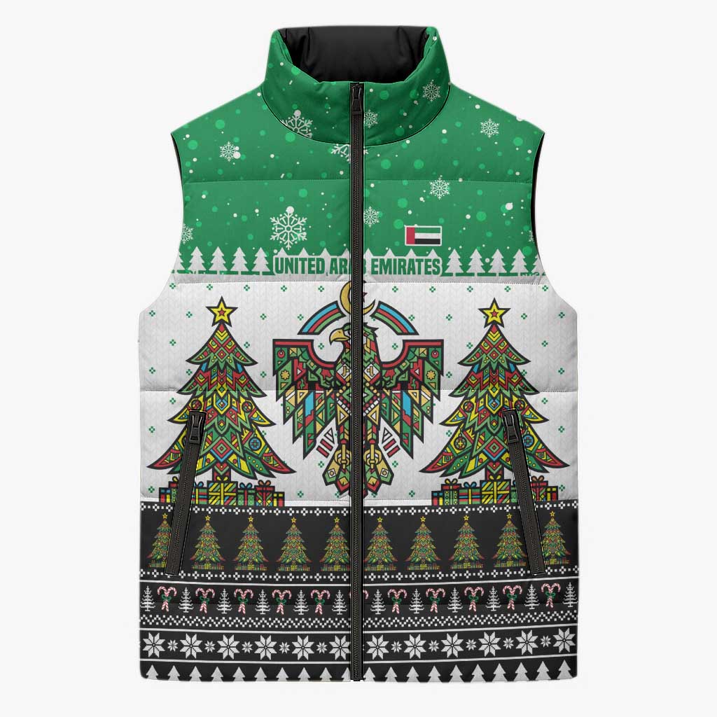 United Arab Emirates Christmas Sleeveless Puffer Jacket with Falcon Tree Design Snowflake Pattern and National Emblem - Wonder Print Shop