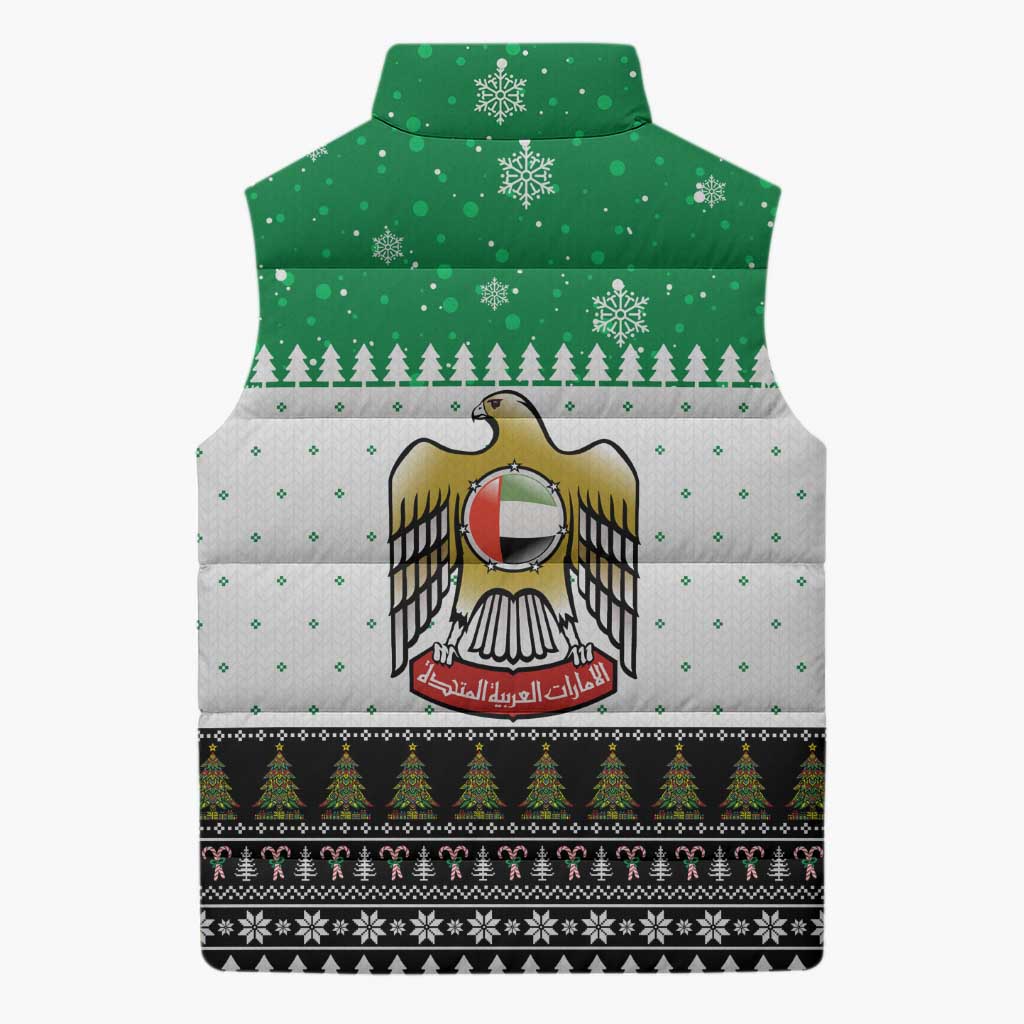 United Arab Emirates Christmas Sleeveless Puffer Jacket with Falcon Tree Design Snowflake Pattern and National Emblem - Wonder Print Shop