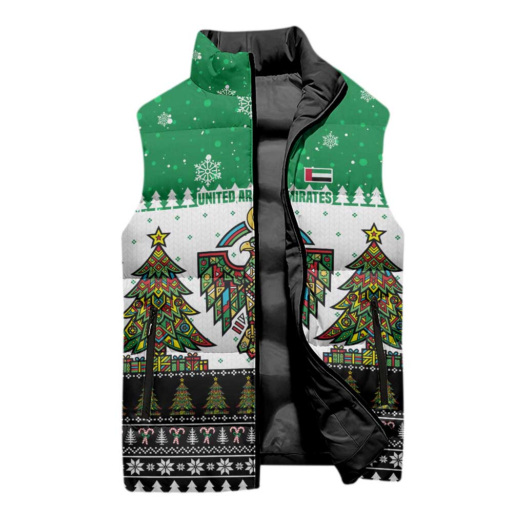 United Arab Emirates Christmas Sleeveless Puffer Jacket with Falcon Tree Design Snowflake Pattern and National Emblem - Wonder Print Shop