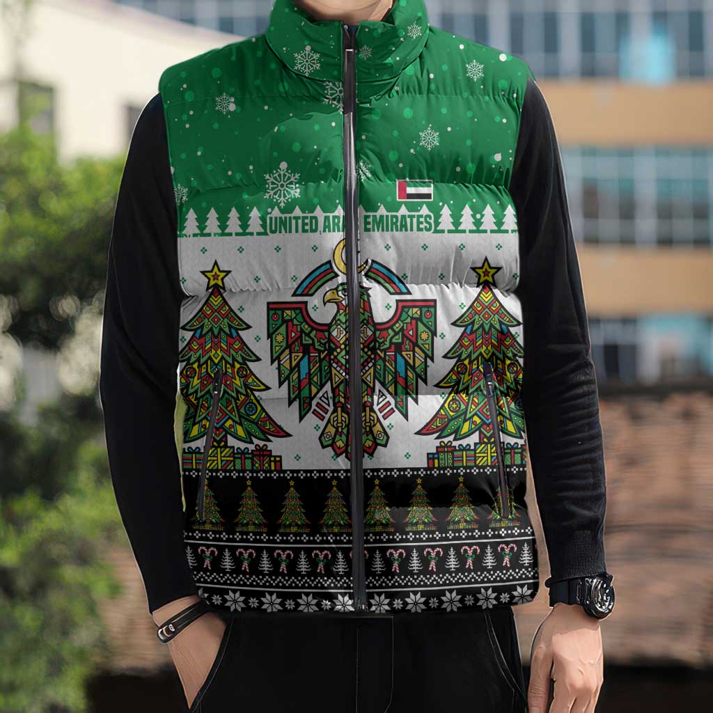 United Arab Emirates Christmas Sleeveless Puffer Jacket with Falcon Tree Design Snowflake Pattern and National Emblem - Wonder Print Shop