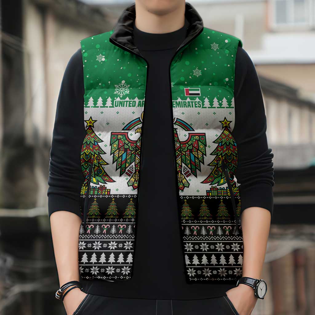 United Arab Emirates Christmas Sleeveless Puffer Jacket with Falcon Tree Design Snowflake Pattern and National Emblem - Wonder Print Shop