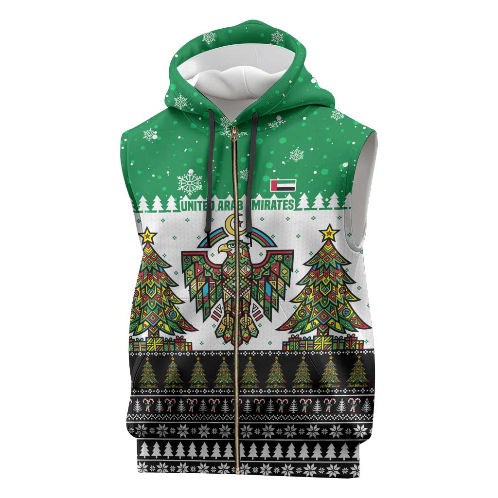 United Arab Emirates Christmas Sleeveless Zip Hoodie with Falcon Tree Design Snowflake Pattern and National Emblem - Wonder Print Shop