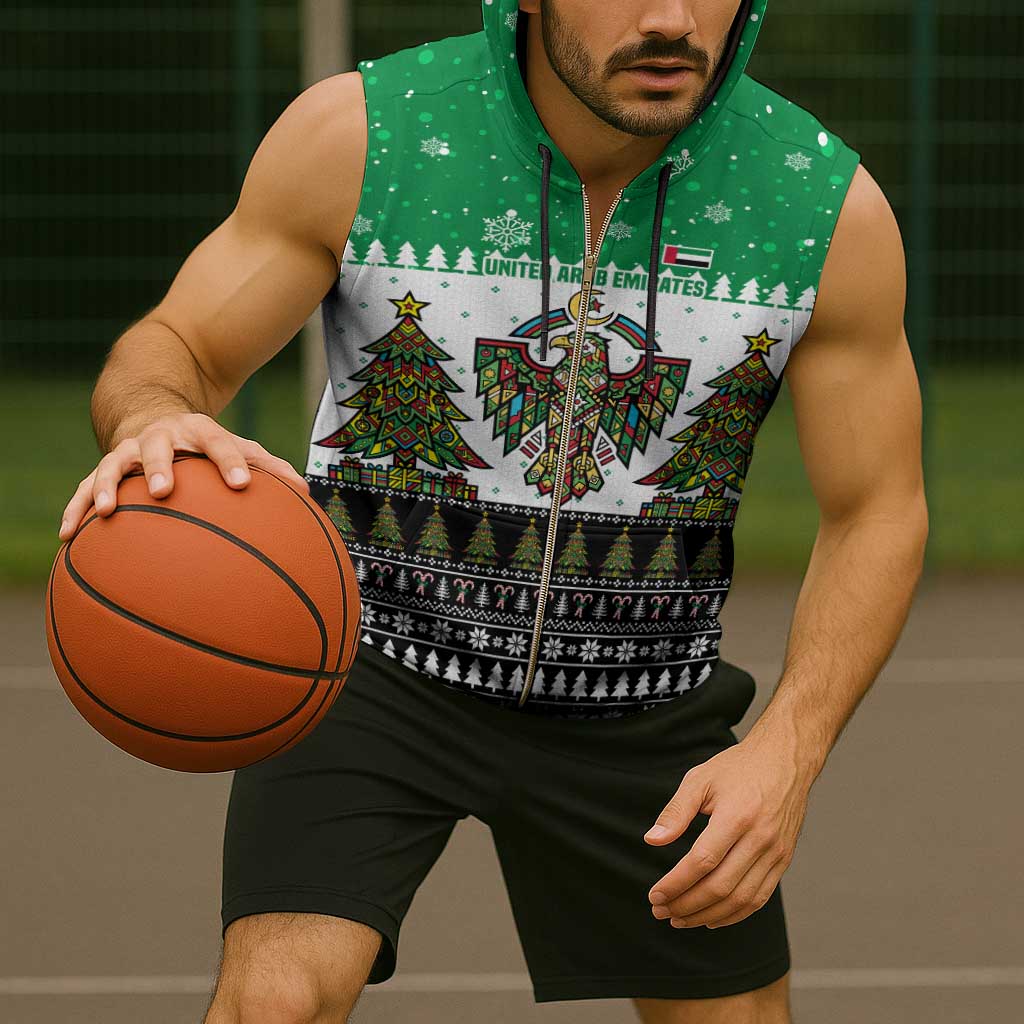 United Arab Emirates Christmas Sleeveless Zip Hoodie with Falcon Tree Design Snowflake Pattern and National Emblem - Wonder Print Shop