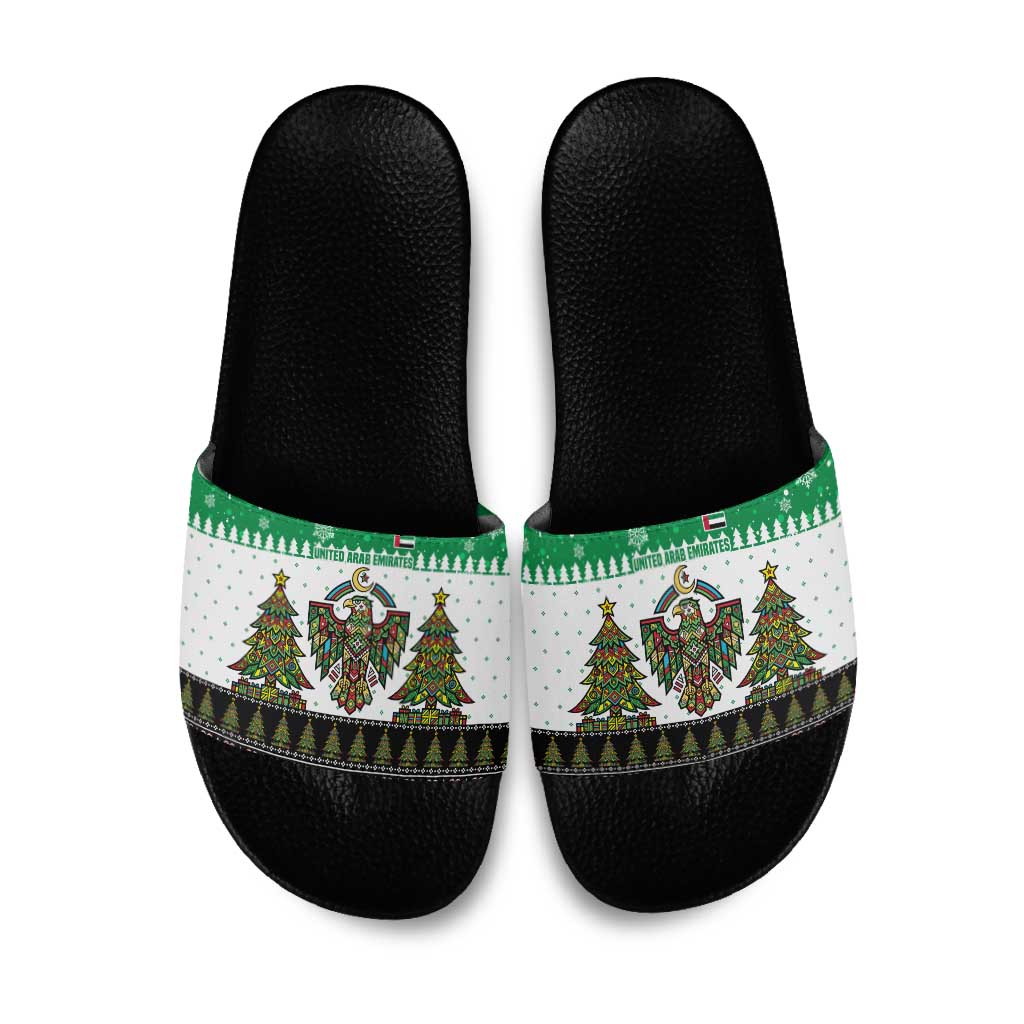 United Arab Emirates Christmas Slide Sandals with Falcon Tree Design Snowflake Pattern and National Emblem - Wonder Print Shop