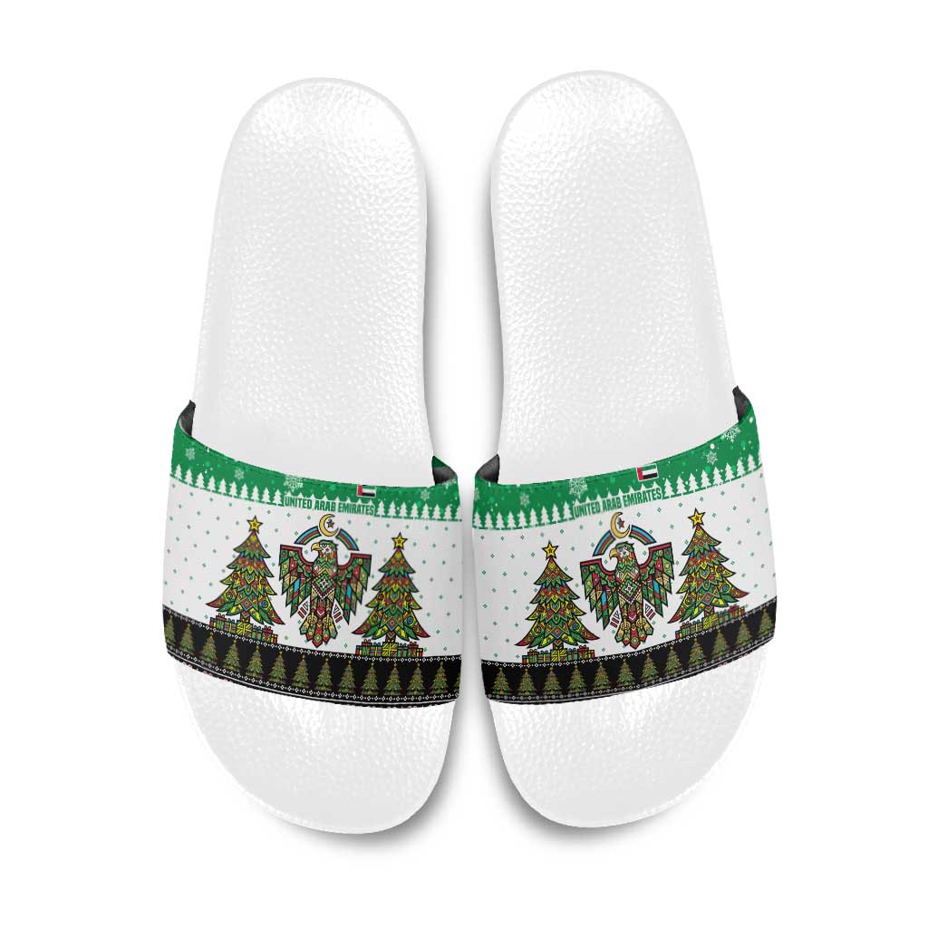 United Arab Emirates Christmas Slide Sandals with Falcon Tree Design Snowflake Pattern and National Emblem - Wonder Print Shop