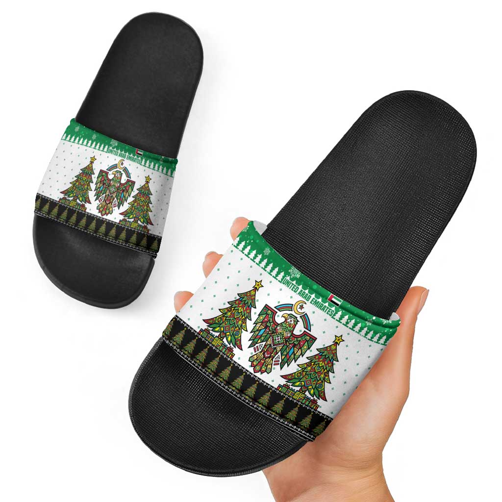 United Arab Emirates Christmas Slide Sandals with Falcon Tree Design Snowflake Pattern and National Emblem - Wonder Print Shop