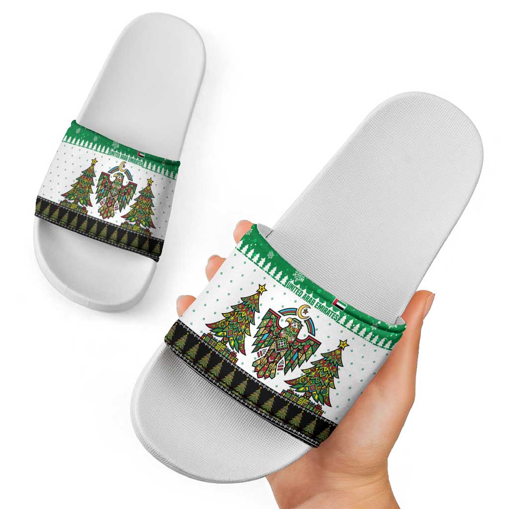 United Arab Emirates Christmas Slide Sandals with Falcon Tree Design Snowflake Pattern and National Emblem - Wonder Print Shop