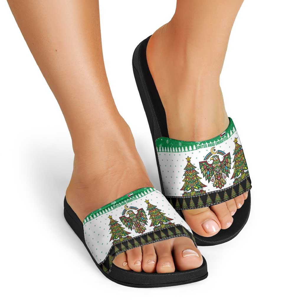 United Arab Emirates Christmas Slide Sandals with Falcon Tree Design Snowflake Pattern and National Emblem - Wonder Print Shop