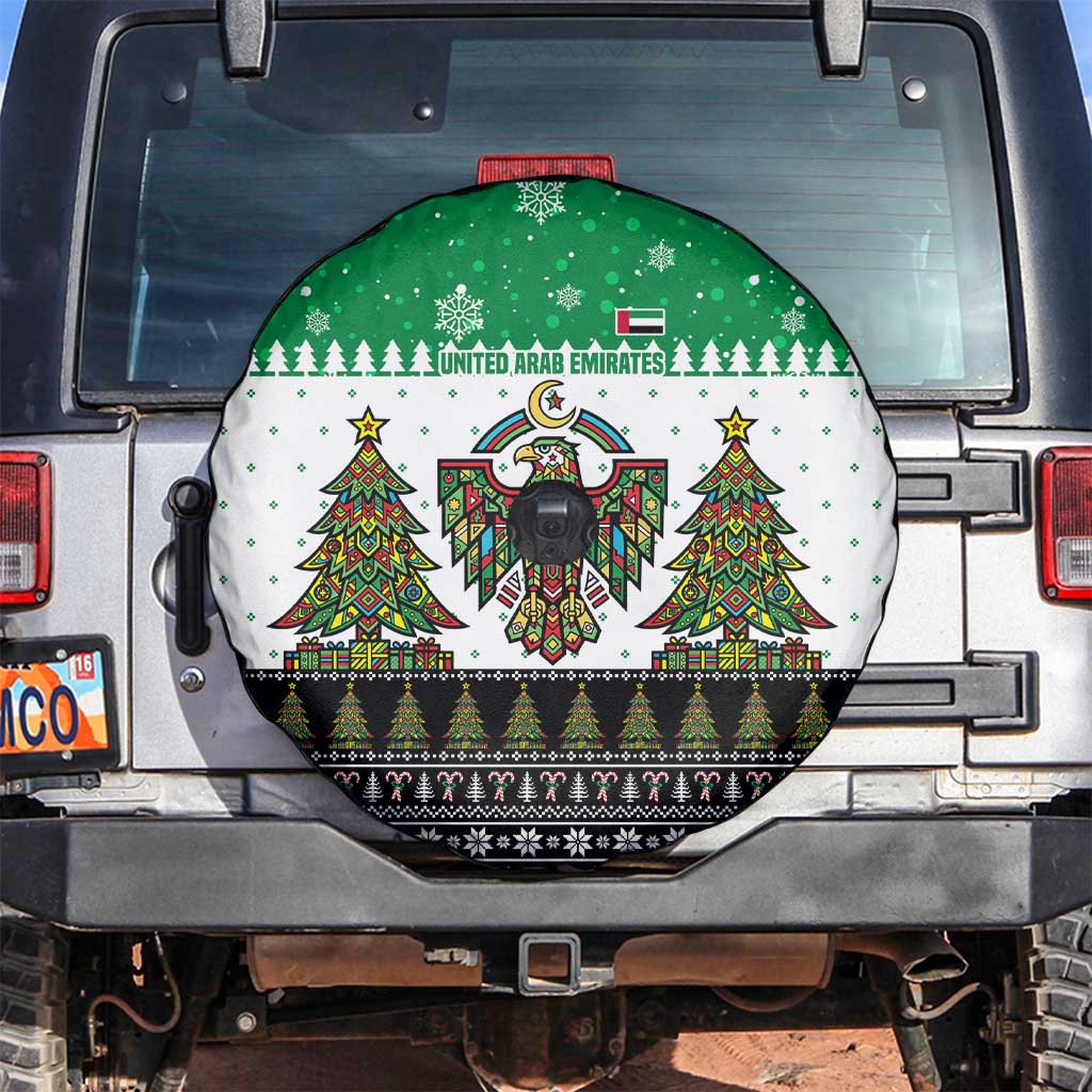 United Arab Emirates Christmas Spare Tire Cover with Falcon Tree Design Snowflake Pattern and National Emblem - Wonder Print Shop