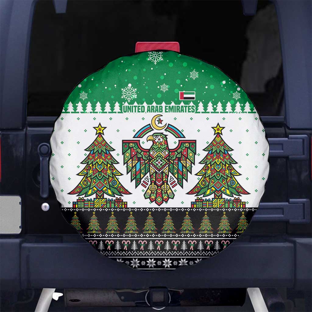 United Arab Emirates Christmas Spare Tire Cover with Falcon Tree Design Snowflake Pattern and National Emblem - Wonder Print Shop