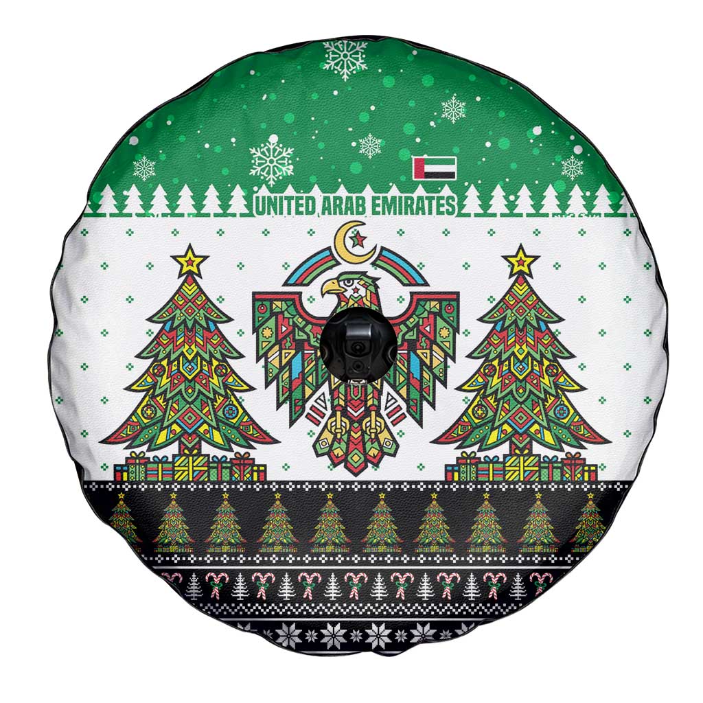 United Arab Emirates Christmas Spare Tire Cover with Falcon Tree Design Snowflake Pattern and National Emblem - Wonder Print Shop
