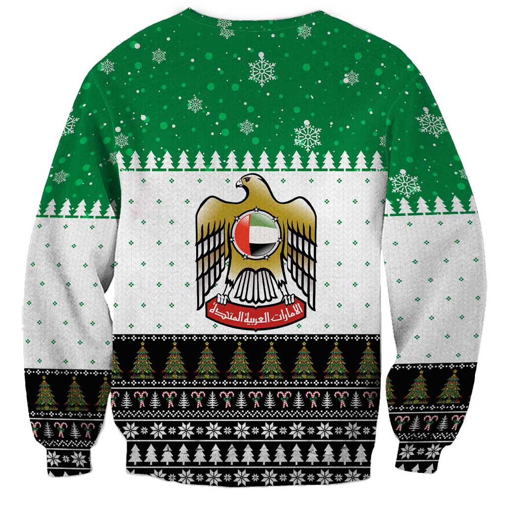 United Arab Emirates Christmas Sweatshirt with Falcon Tree Design Snowflake Pattern and National Emblem - Wonder Print Shop