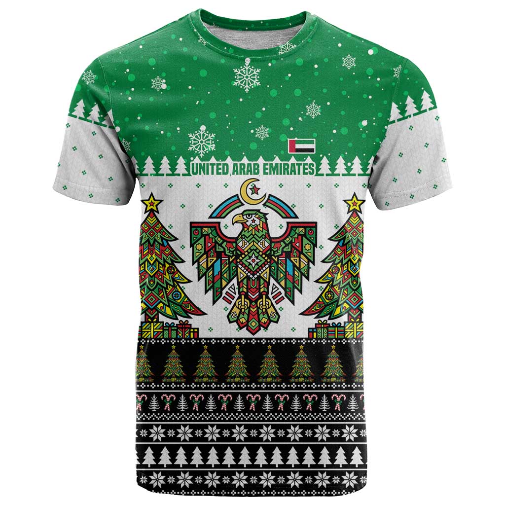 United Arab Emirates Christmas T Shirt with Falcon Tree Design Snowflake Pattern and National Emblem - Wonder Print Shop