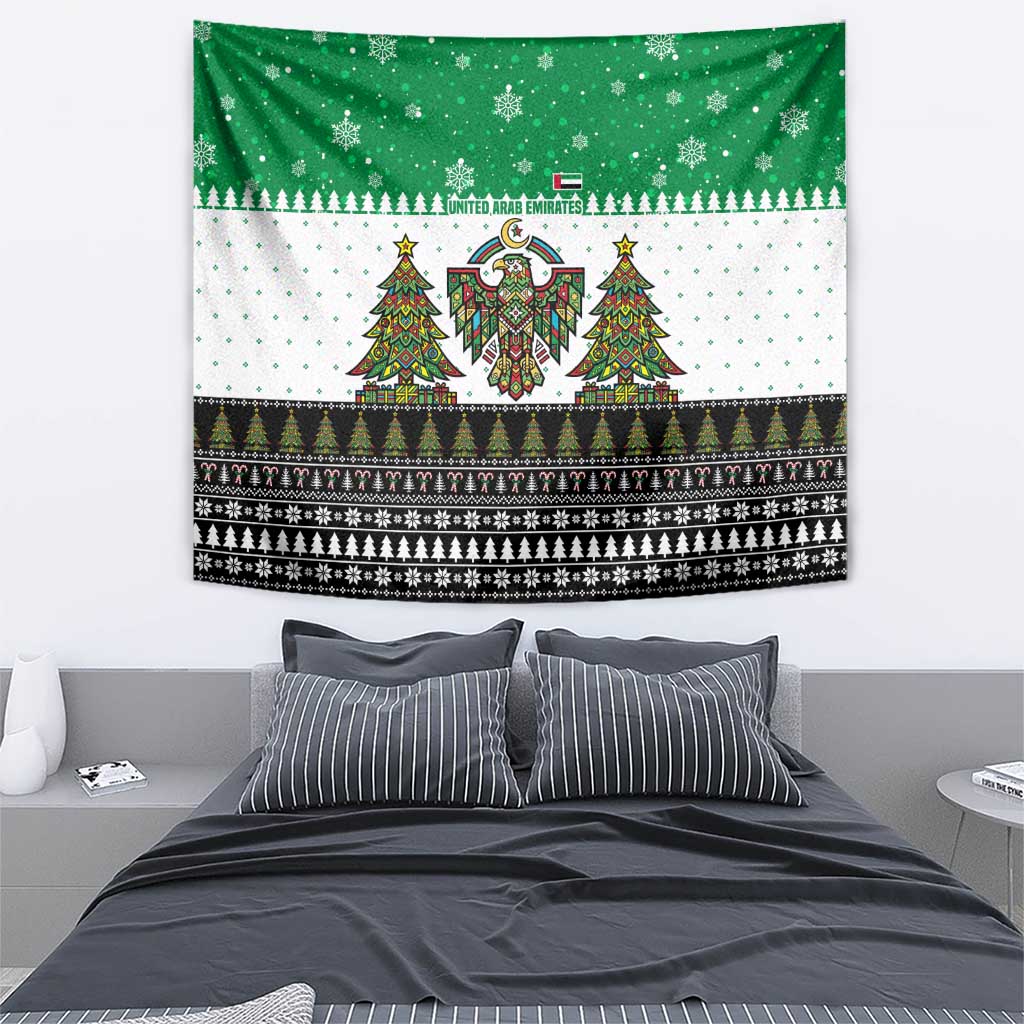 United Arab Emirates Christmas Tapestry with Falcon Tree Design Snowflake Pattern and National Emblem - Wonder Print Shop