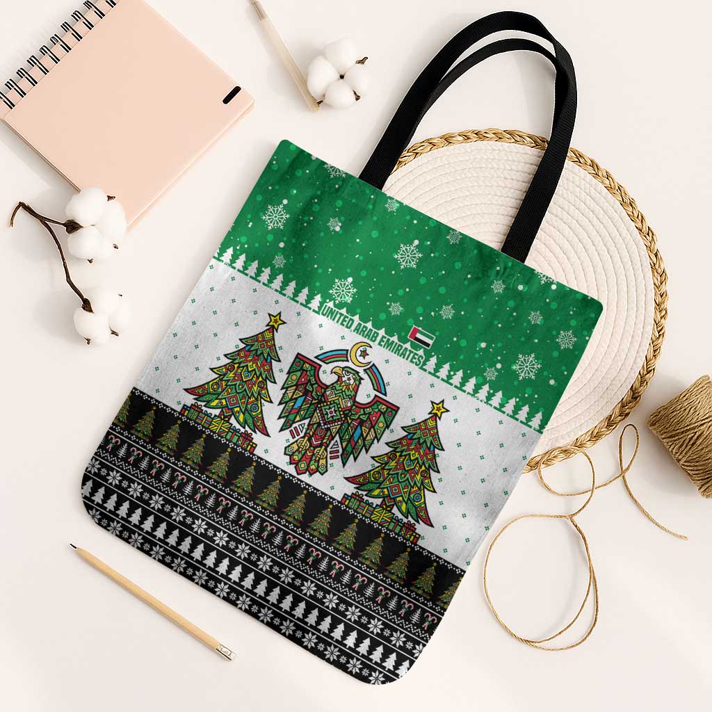 United Arab Emirates Christmas Tote Bag with Falcon Tree Design Snowflake Pattern and National Emblem - Wonder Print Shop
