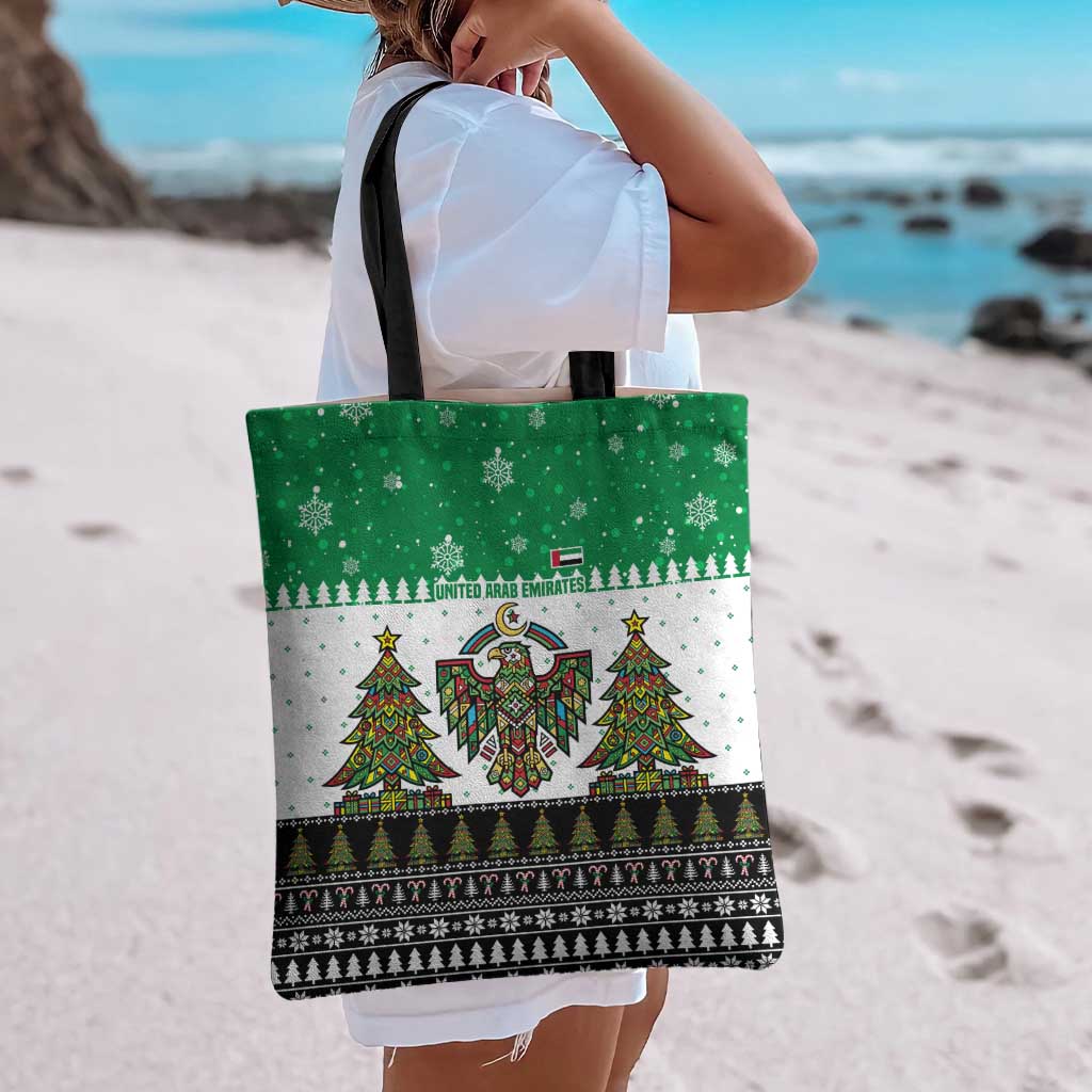 United Arab Emirates Christmas Tote Bag with Falcon Tree Design Snowflake Pattern and National Emblem - Wonder Print Shop