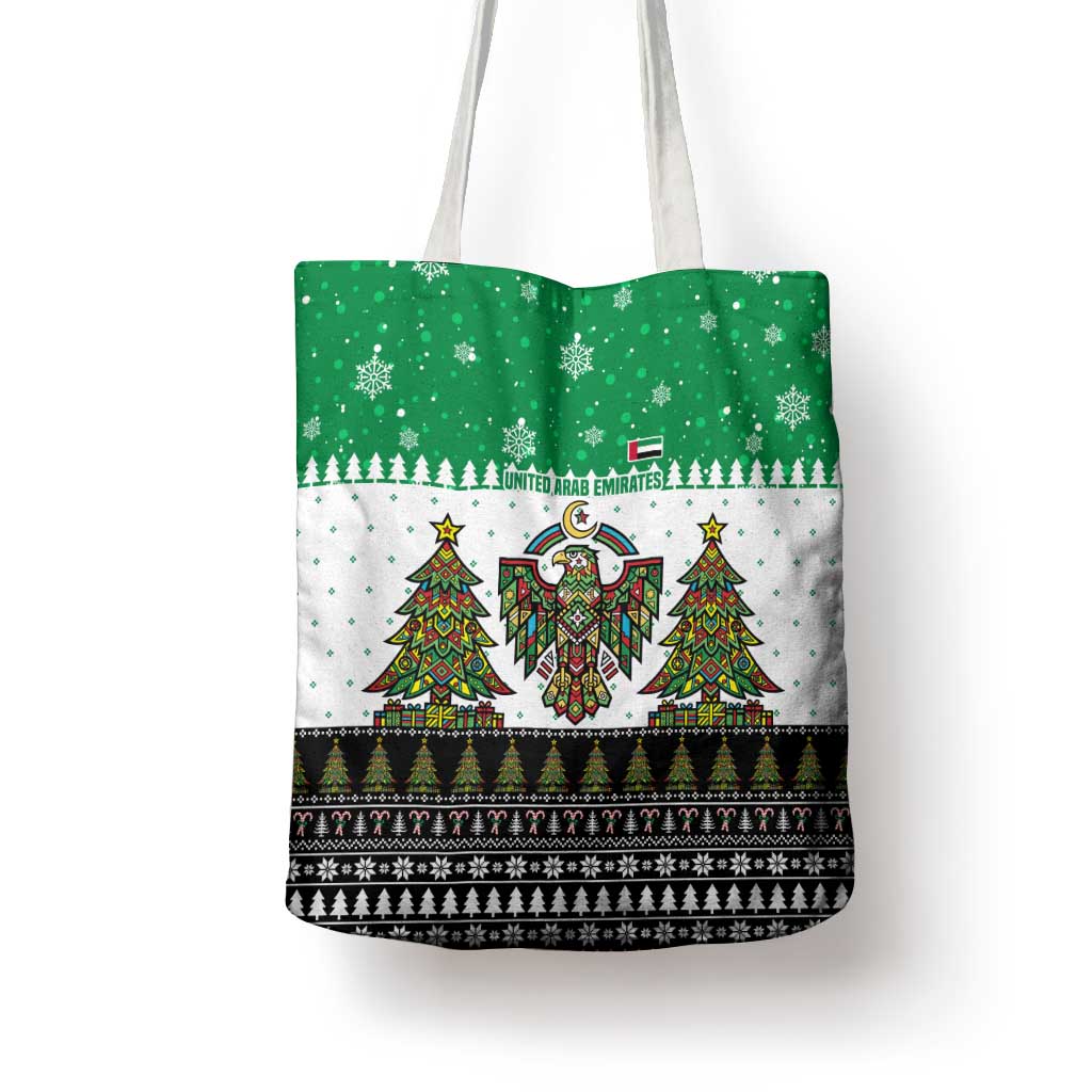 United Arab Emirates Christmas Tote Bag with Falcon Tree Design Snowflake Pattern and National Emblem - Wonder Print Shop
