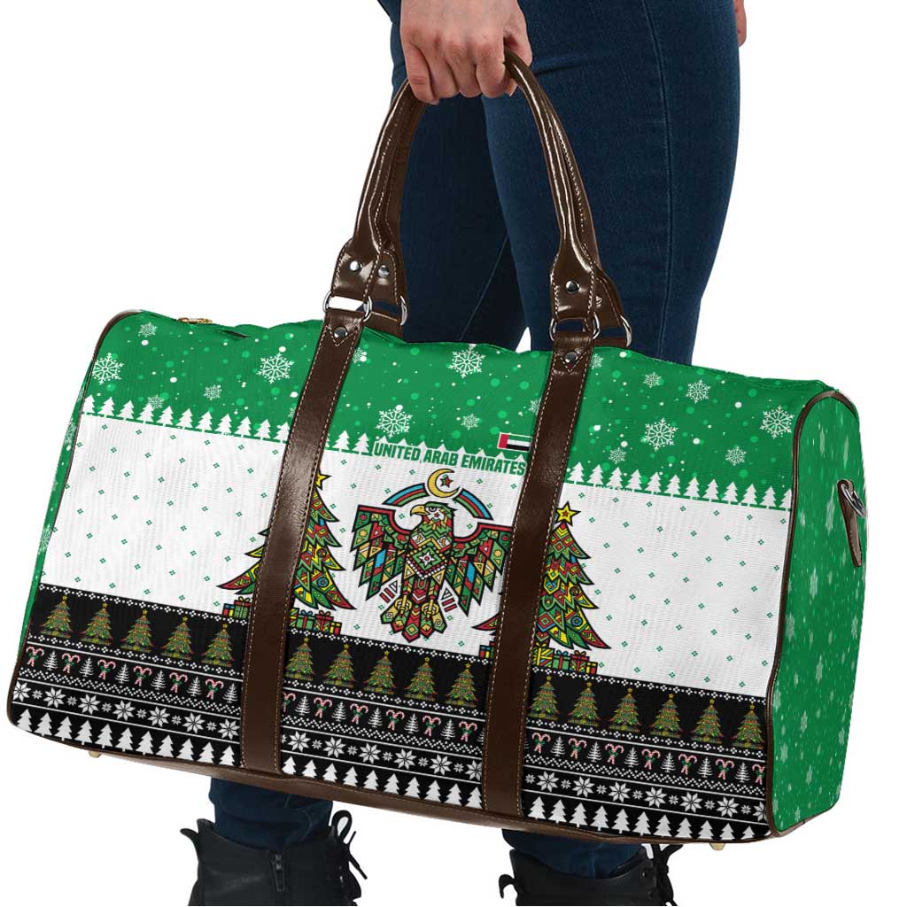 United Arab Emirates Christmas Travel Bag with Falcon Tree Design Snowflake Pattern and National Emblem - Wonder Print Shop