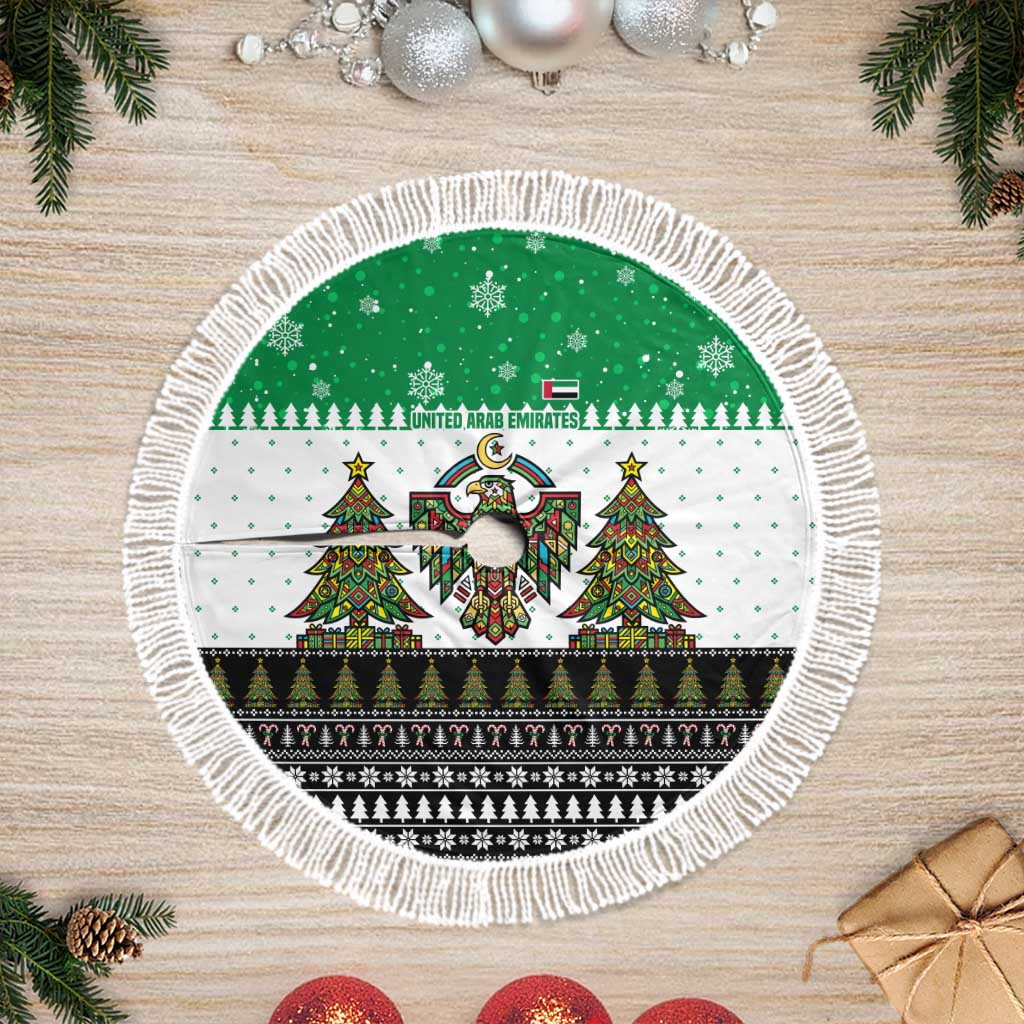 United Arab Emirates Christmas Tree Skirt with Falcon Tree Design Snowflake Pattern and National Emblem - Wonder Print Shop
