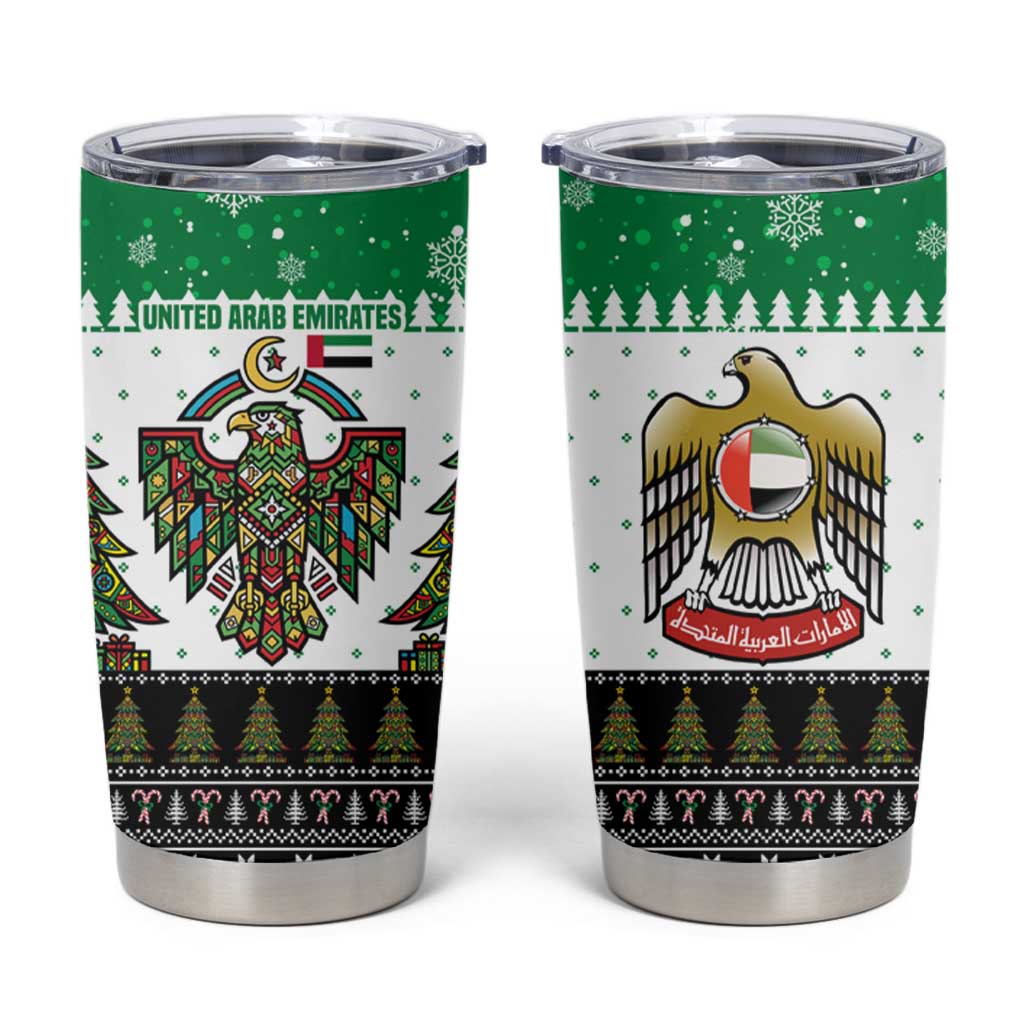 United Arab Emirates Christmas Tumbler Cup with Falcon Tree Design Snowflake Pattern and National Emblem - Wonder Print Shop