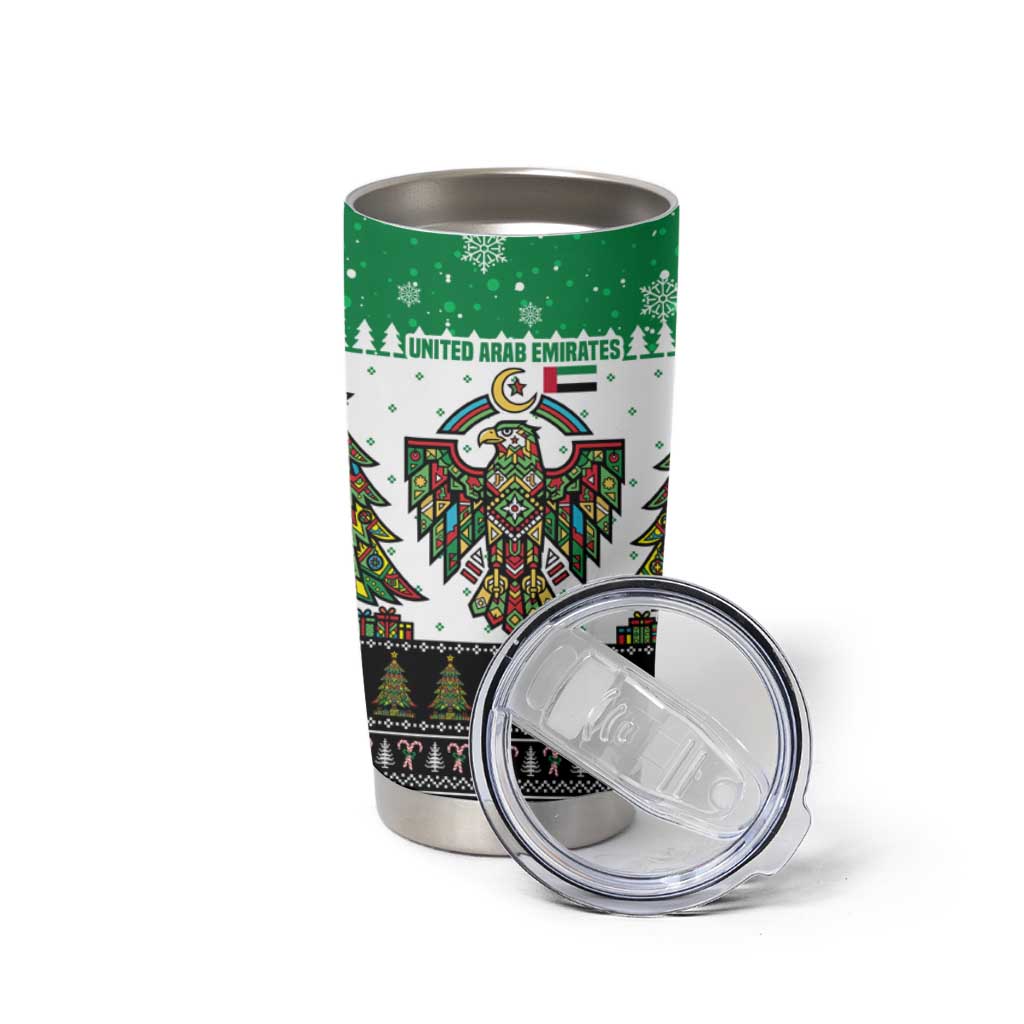 United Arab Emirates Christmas Tumbler Cup with Falcon Tree Design Snowflake Pattern and National Emblem - Wonder Print Shop