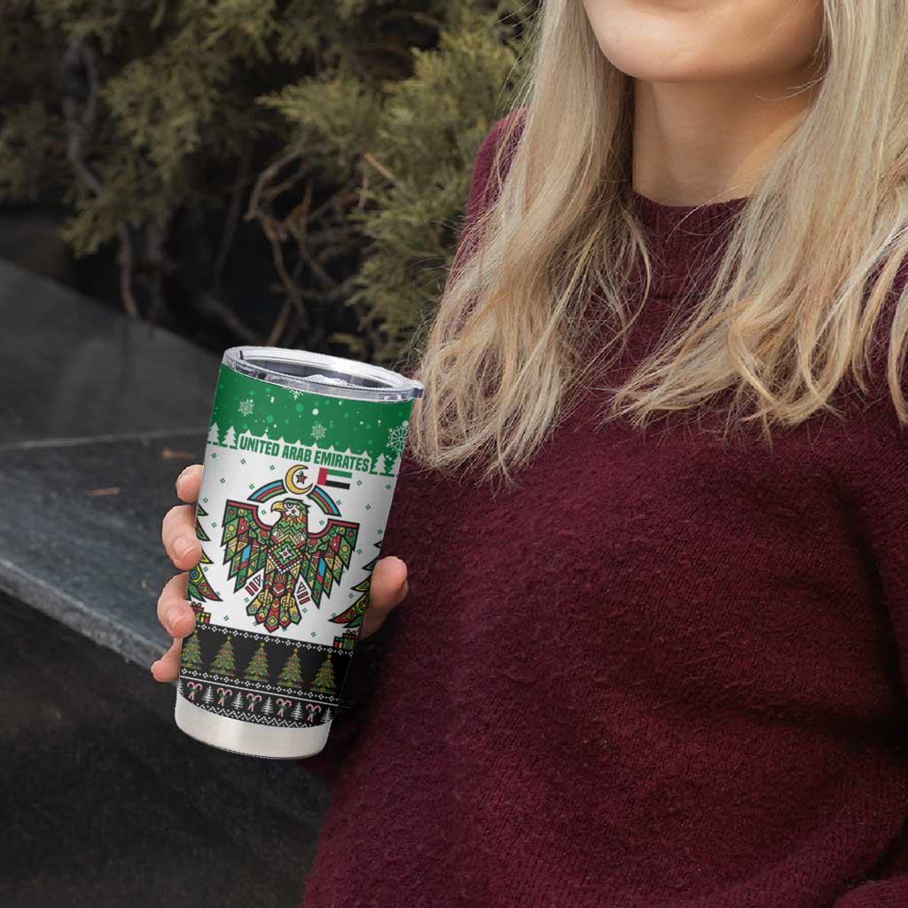 United Arab Emirates Christmas Tumbler Cup with Falcon Tree Design Snowflake Pattern and National Emblem - Wonder Print Shop