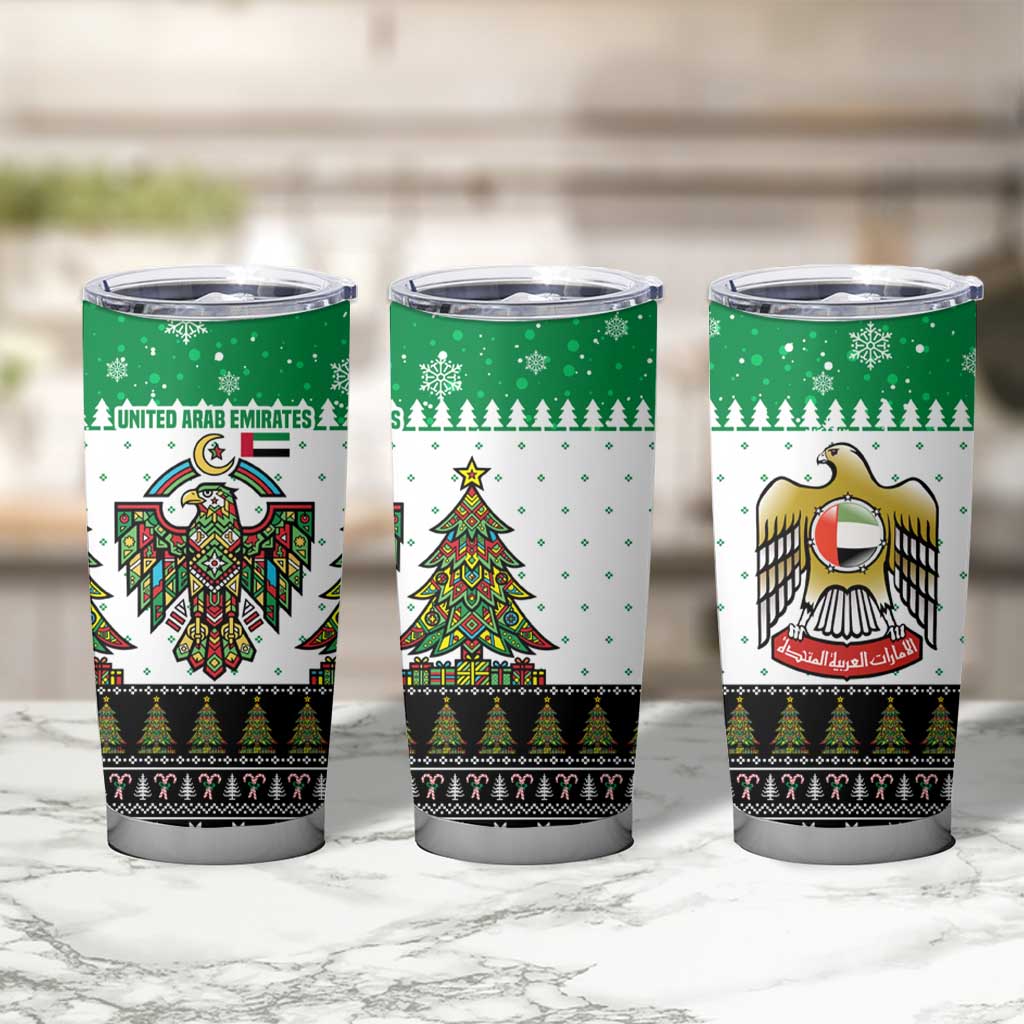 United Arab Emirates Christmas Tumbler Cup with Falcon Tree Design Snowflake Pattern and National Emblem - Wonder Print Shop