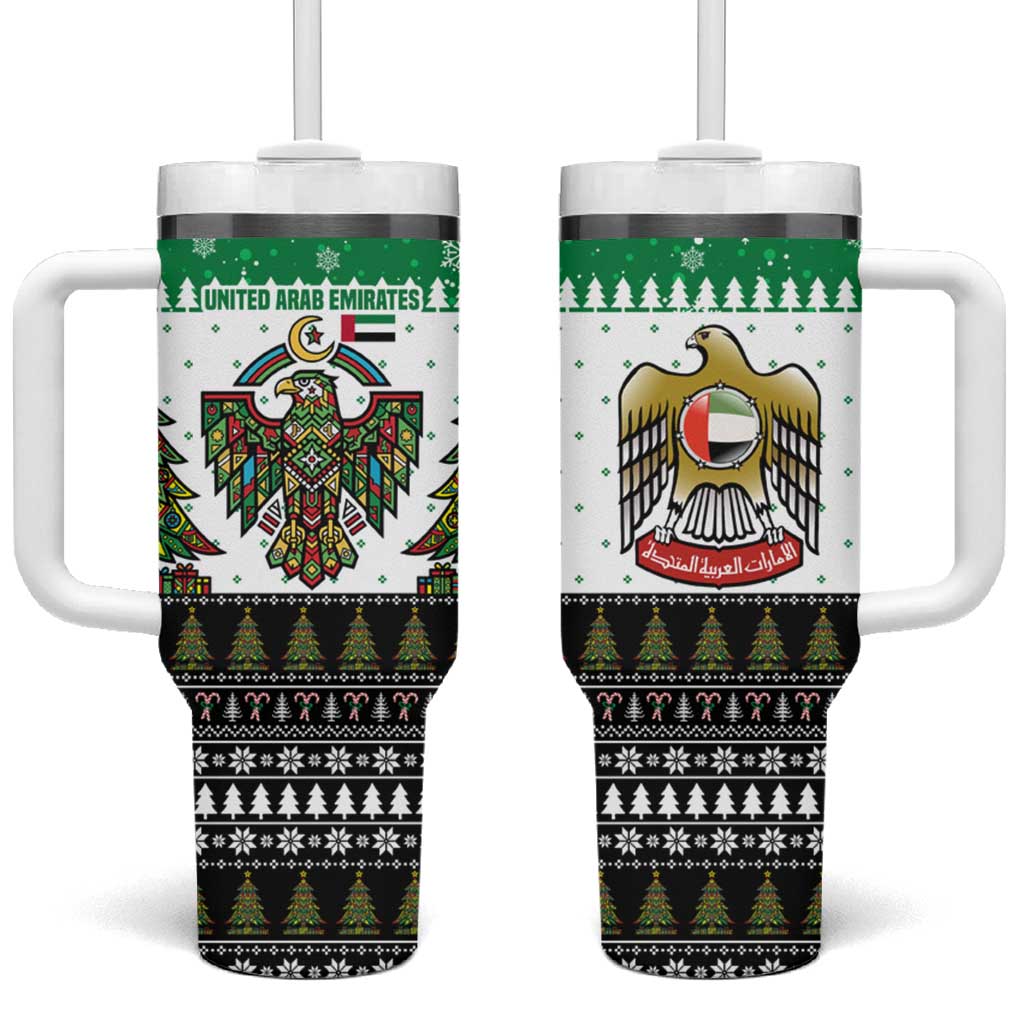 United Arab Emirates Christmas Tumbler With Handle with Falcon Tree Design Snowflake Pattern and National Emblem - Wonder Print Shop