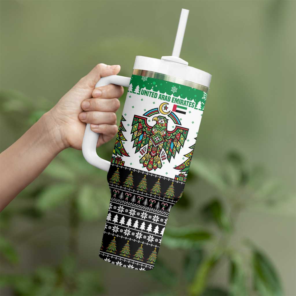 United Arab Emirates Christmas Tumbler With Handle with Falcon Tree Design Snowflake Pattern and National Emblem - Wonder Print Shop