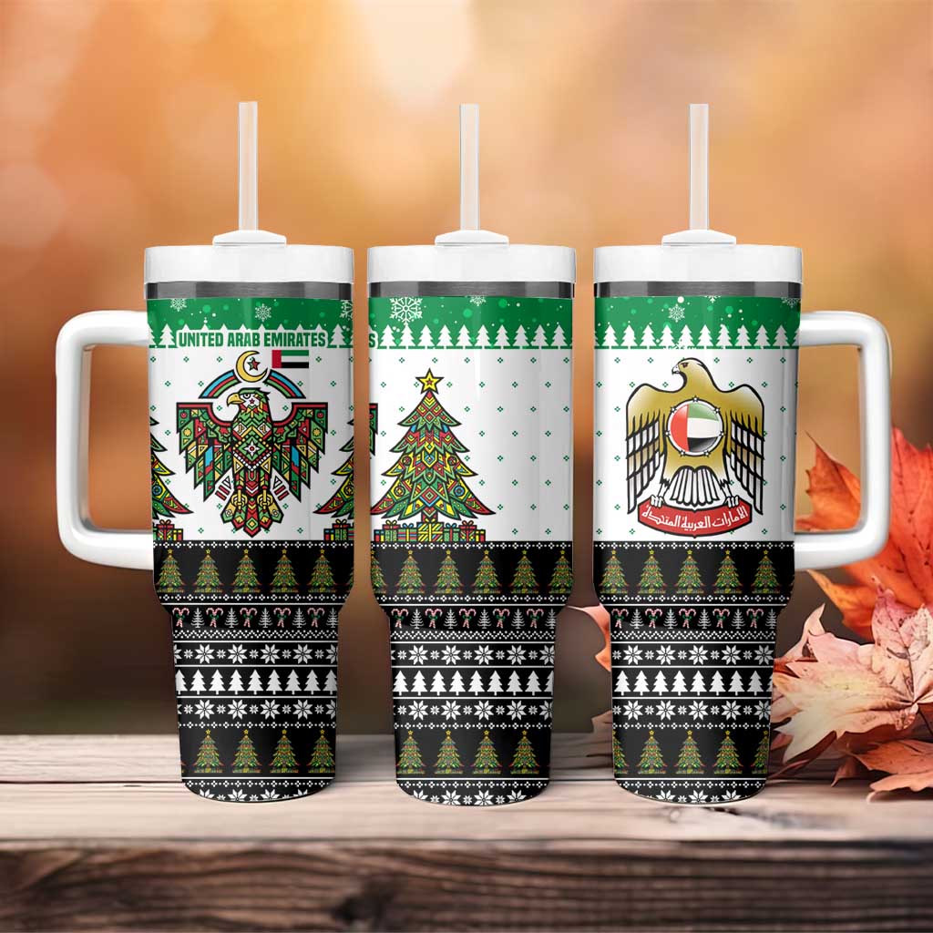 United Arab Emirates Christmas Tumbler With Handle with Falcon Tree Design Snowflake Pattern and National Emblem - Wonder Print Shop