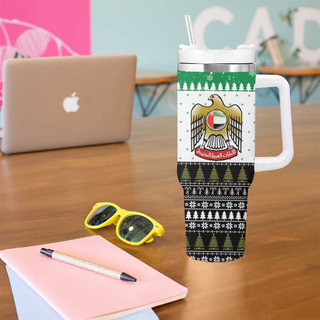 United Arab Emirates Christmas Tumbler With Handle with Falcon Tree Design Snowflake Pattern and National Emblem - Wonder Print Shop