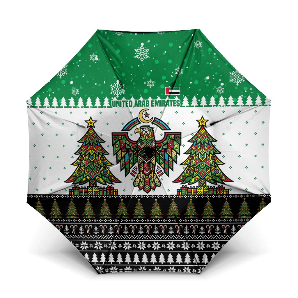 United Arab Emirates Christmas Umbrella with Falcon Tree Design Snowflake Pattern and National Emblem - Wonder Print Shop