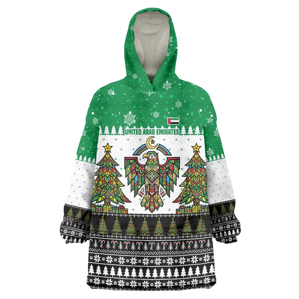 United Arab Emirates Christmas Wearable Blanket Hoodie with Falcon Tree Design Snowflake Pattern and National Emblem - Wonder Print Shop