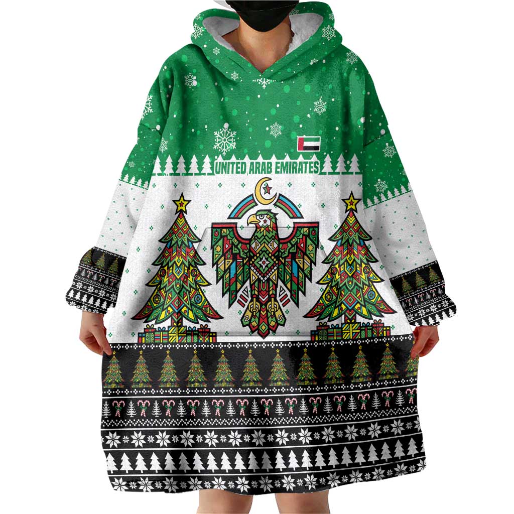 United Arab Emirates Christmas Wearable Blanket Hoodie with Falcon Tree Design Snowflake Pattern and National Emblem - Wonder Print Shop