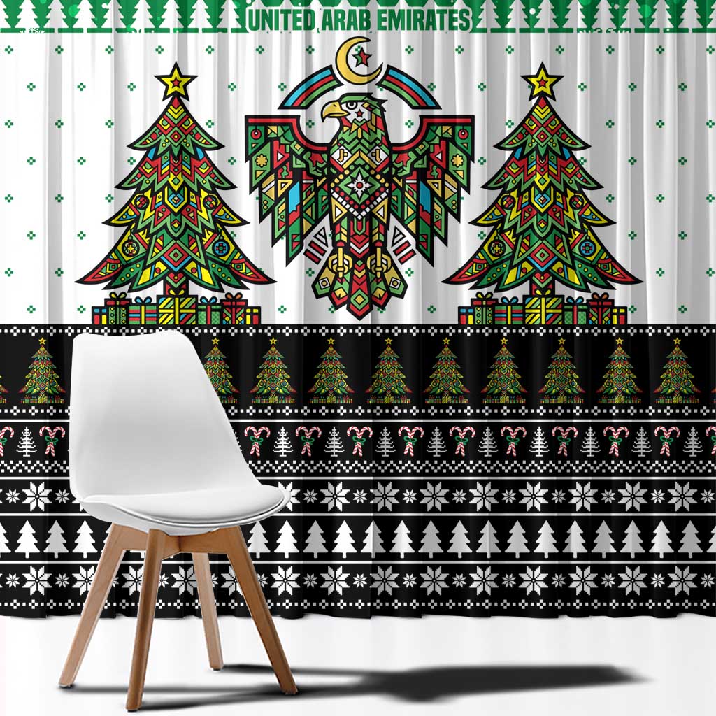United Arab Emirates Christmas Window Curtain with Falcon Tree Design Snowflake Pattern and National Emblem - Wonder Print Shop