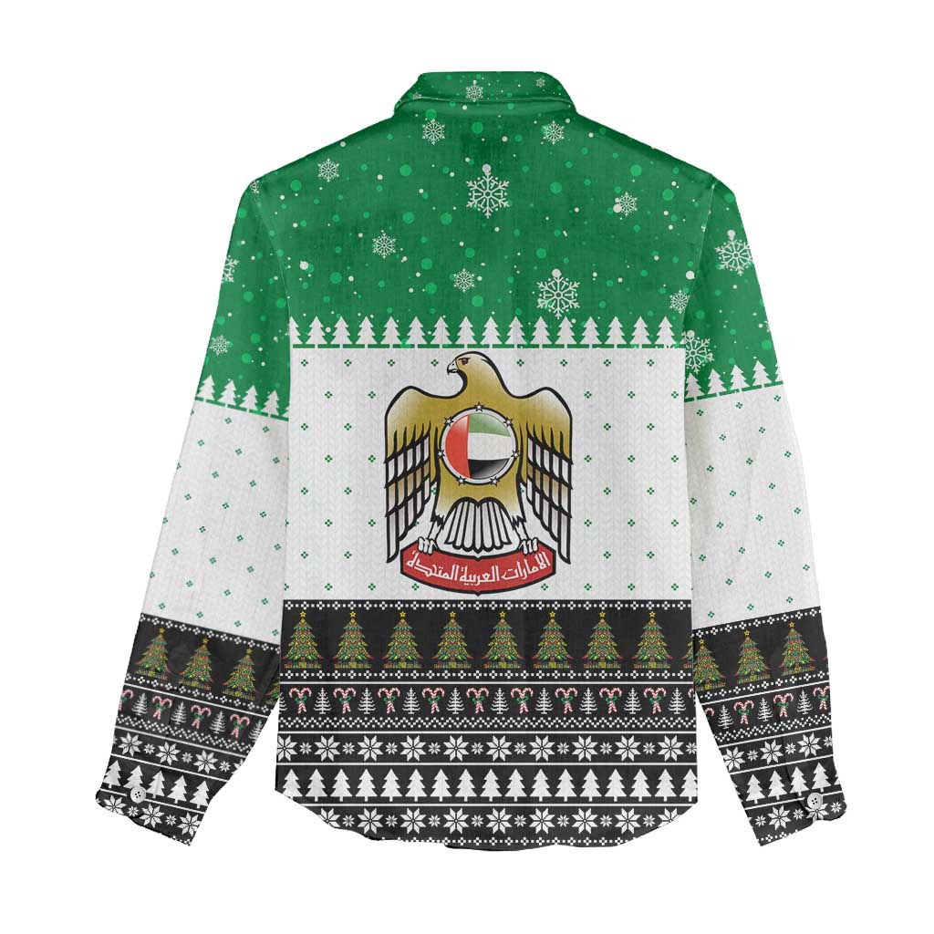 United Arab Emirates Christmas Women Casual Shirt with Falcon Tree Design Snowflake Pattern and National Emblem - Wonder Print Shop