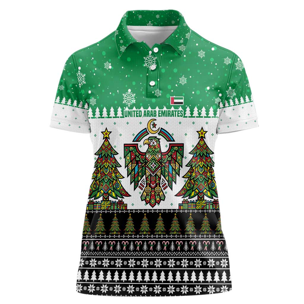 United Arab Emirates Christmas Women Polo Shirt with Falcon Tree Design Snowflake Pattern and National Emblem - Wonder Print Shop