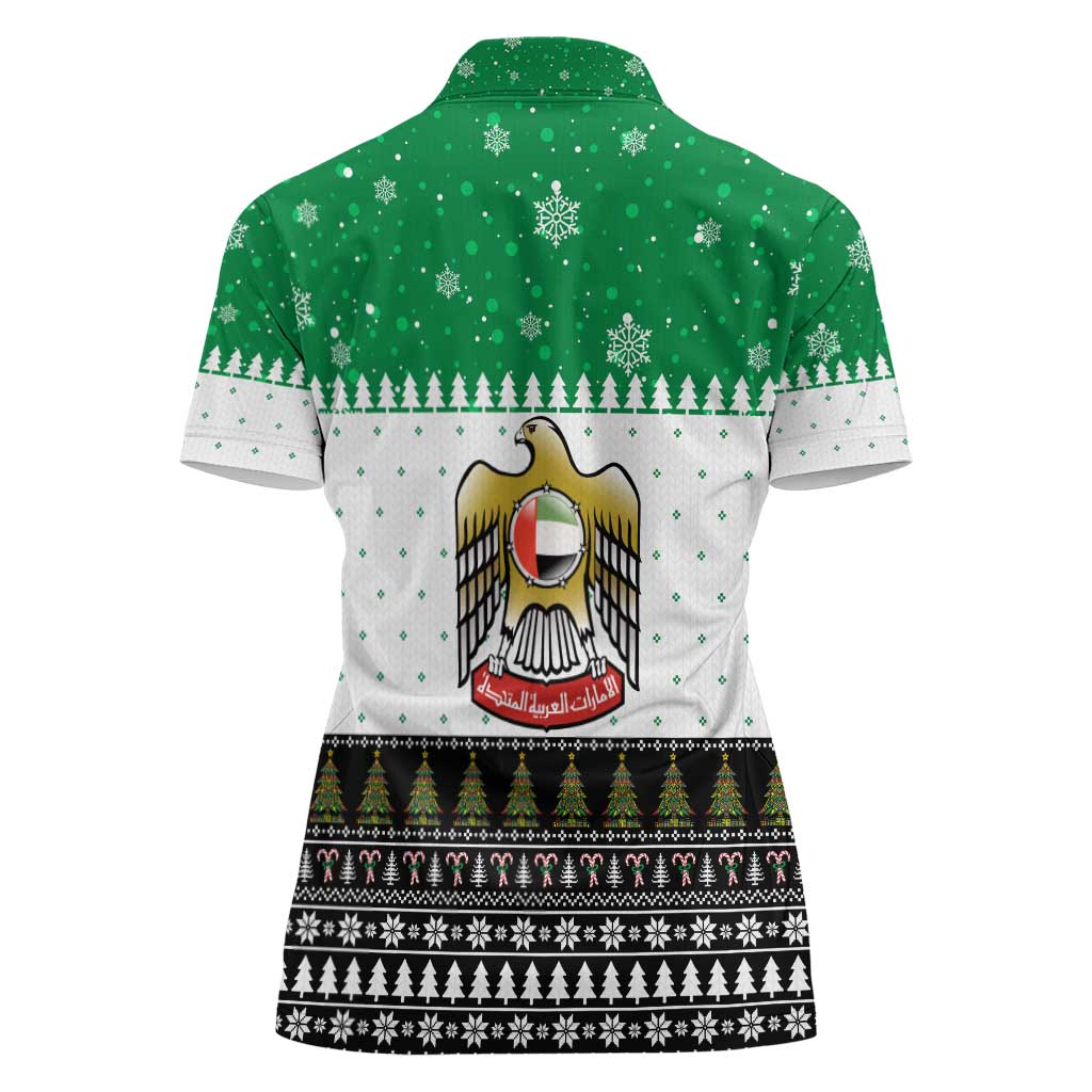United Arab Emirates Christmas Women Polo Shirt with Falcon Tree Design Snowflake Pattern and National Emblem - Wonder Print Shop