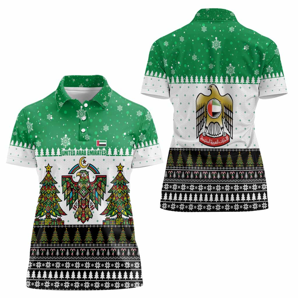 United Arab Emirates Christmas Women Polo Shirt with Falcon Tree Design Snowflake Pattern and National Emblem - Wonder Print Shop