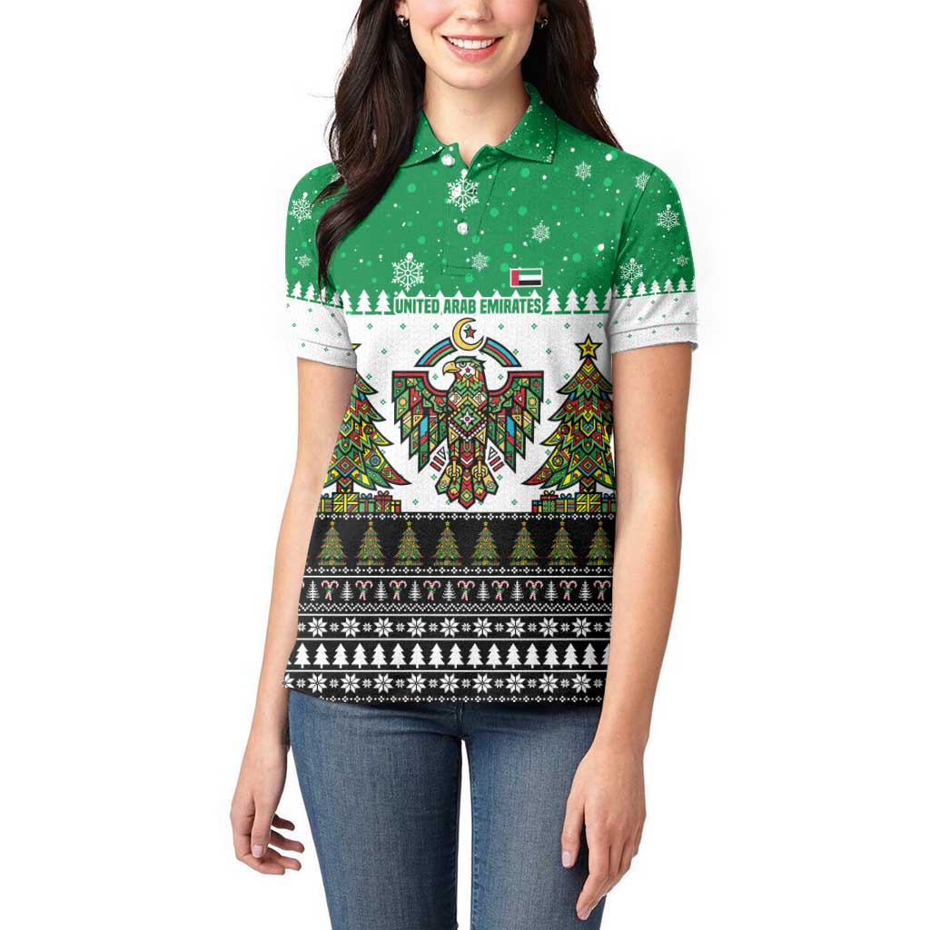 United Arab Emirates Christmas Women Polo Shirt with Falcon Tree Design Snowflake Pattern and National Emblem - Wonder Print Shop