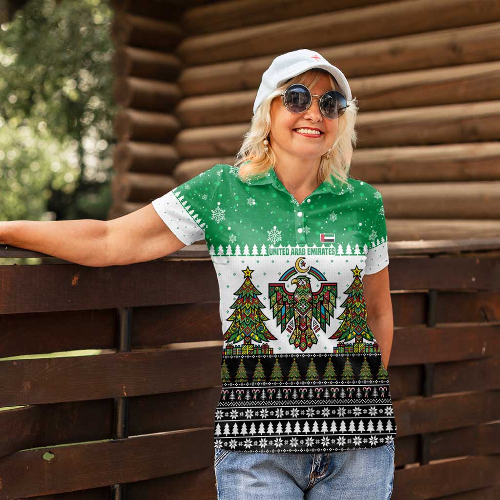 United Arab Emirates Christmas Women Polo Shirt with Falcon Tree Design Snowflake Pattern and National Emblem - Wonder Print Shop