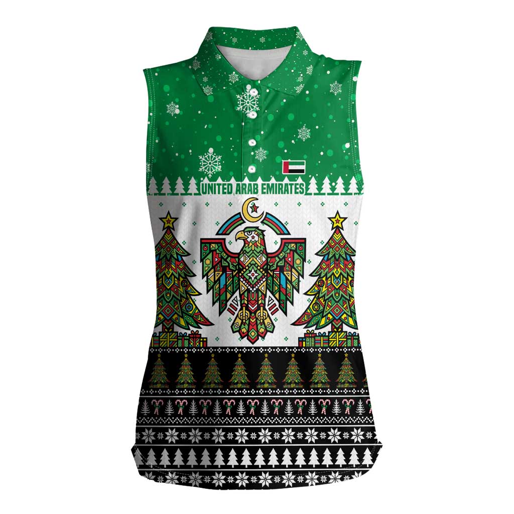 United Arab Emirates Christmas Women Sleeveless Polo Shirt with Falcon Tree Design Snowflake Pattern and National Emblem - Wonder Print Shop