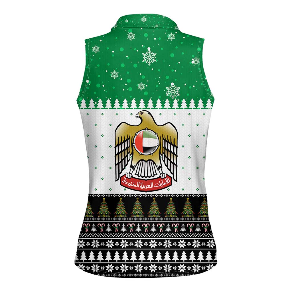 United Arab Emirates Christmas Women Sleeveless Polo Shirt with Falcon Tree Design Snowflake Pattern and National Emblem - Wonder Print Shop