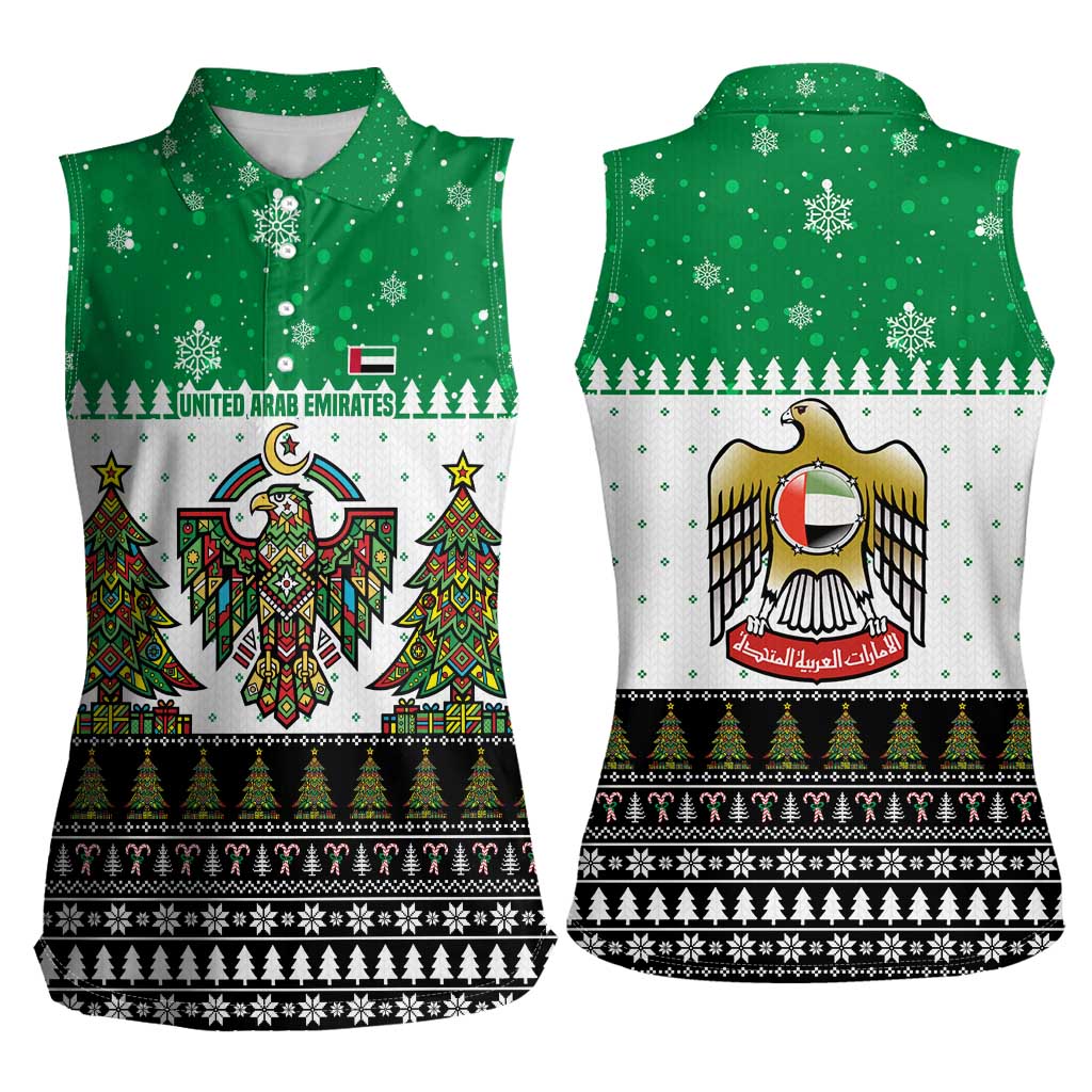 United Arab Emirates Christmas Women Sleeveless Polo Shirt with Falcon Tree Design Snowflake Pattern and National Emblem - Wonder Print Shop
