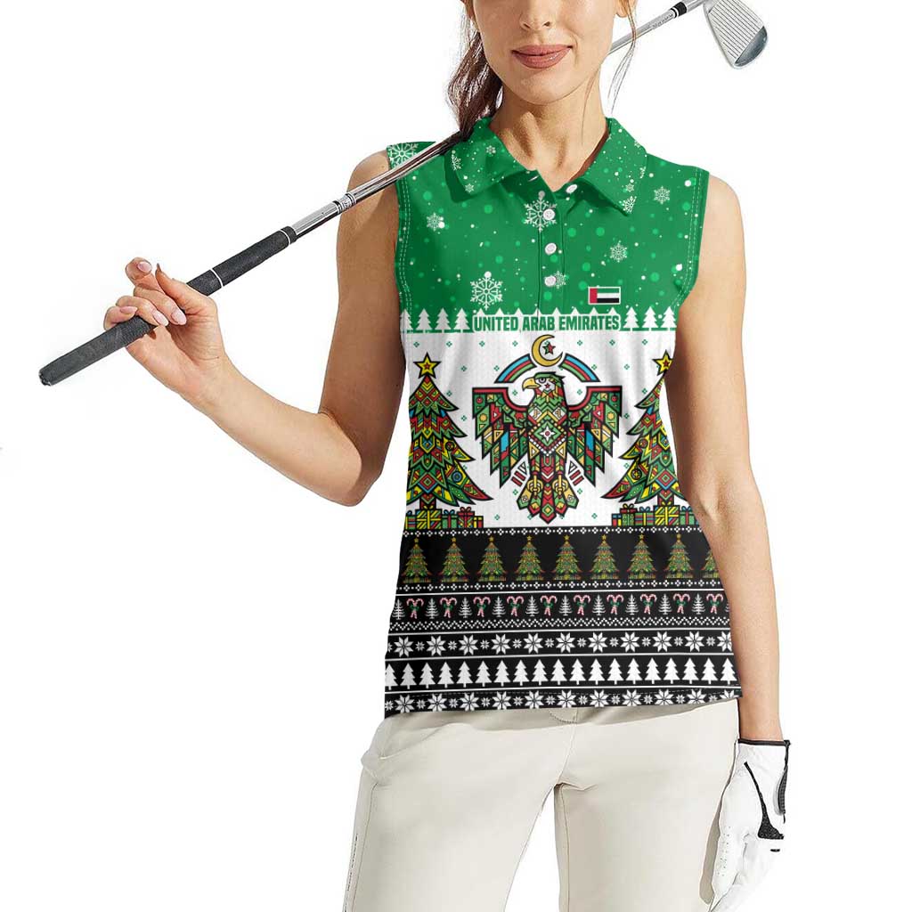 United Arab Emirates Christmas Women Sleeveless Polo Shirt with Falcon Tree Design Snowflake Pattern and National Emblem - Wonder Print Shop