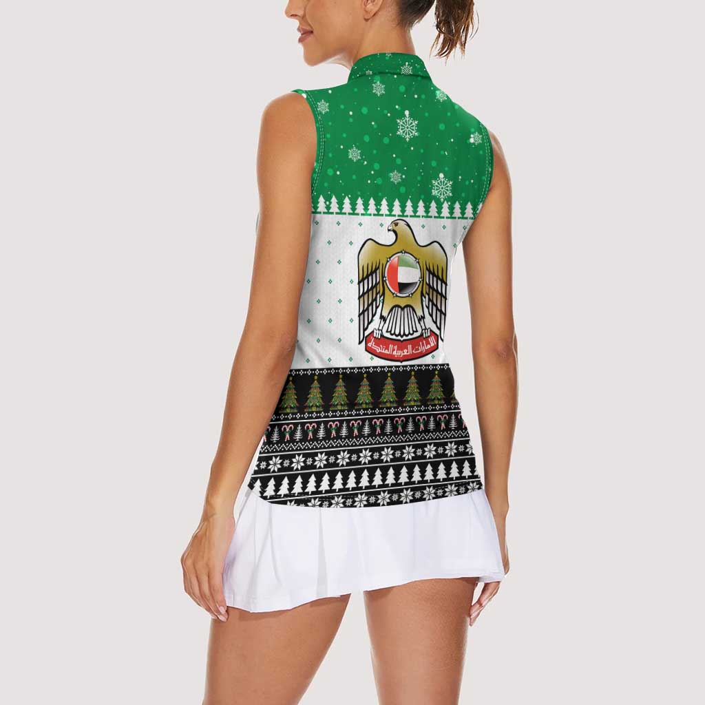 United Arab Emirates Christmas Women Sleeveless Polo Shirt with Falcon Tree Design Snowflake Pattern and National Emblem - Wonder Print Shop
