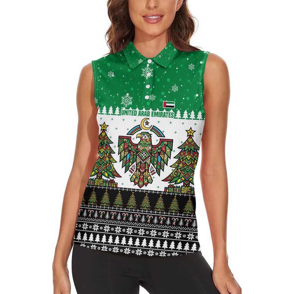 United Arab Emirates Christmas Women Sleeveless Polo Shirt with Falcon Tree Design Snowflake Pattern and National Emblem - Wonder Print Shop