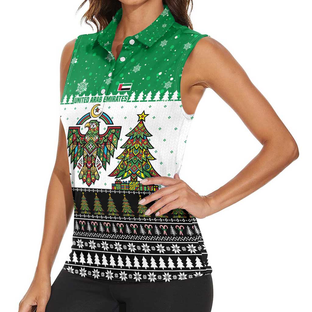 United Arab Emirates Christmas Women Sleeveless Polo Shirt with Falcon Tree Design Snowflake Pattern and National Emblem - Wonder Print Shop
